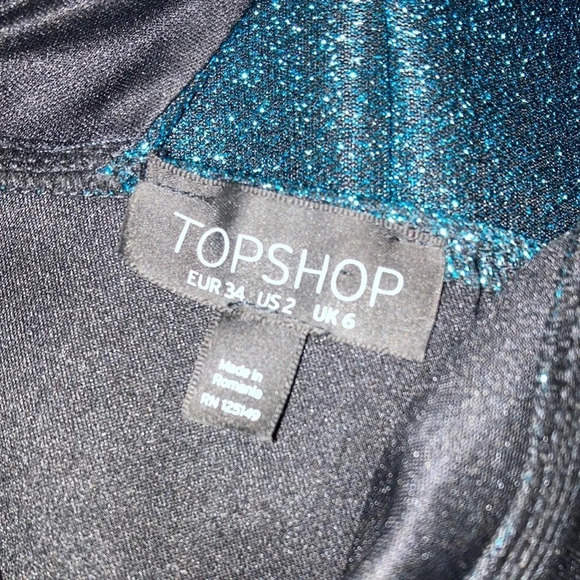 TopShop Teal Metallic Tinsel Cold Shoulder Mini Dress 2 Shiny Formal Short - Picture 5 of 7